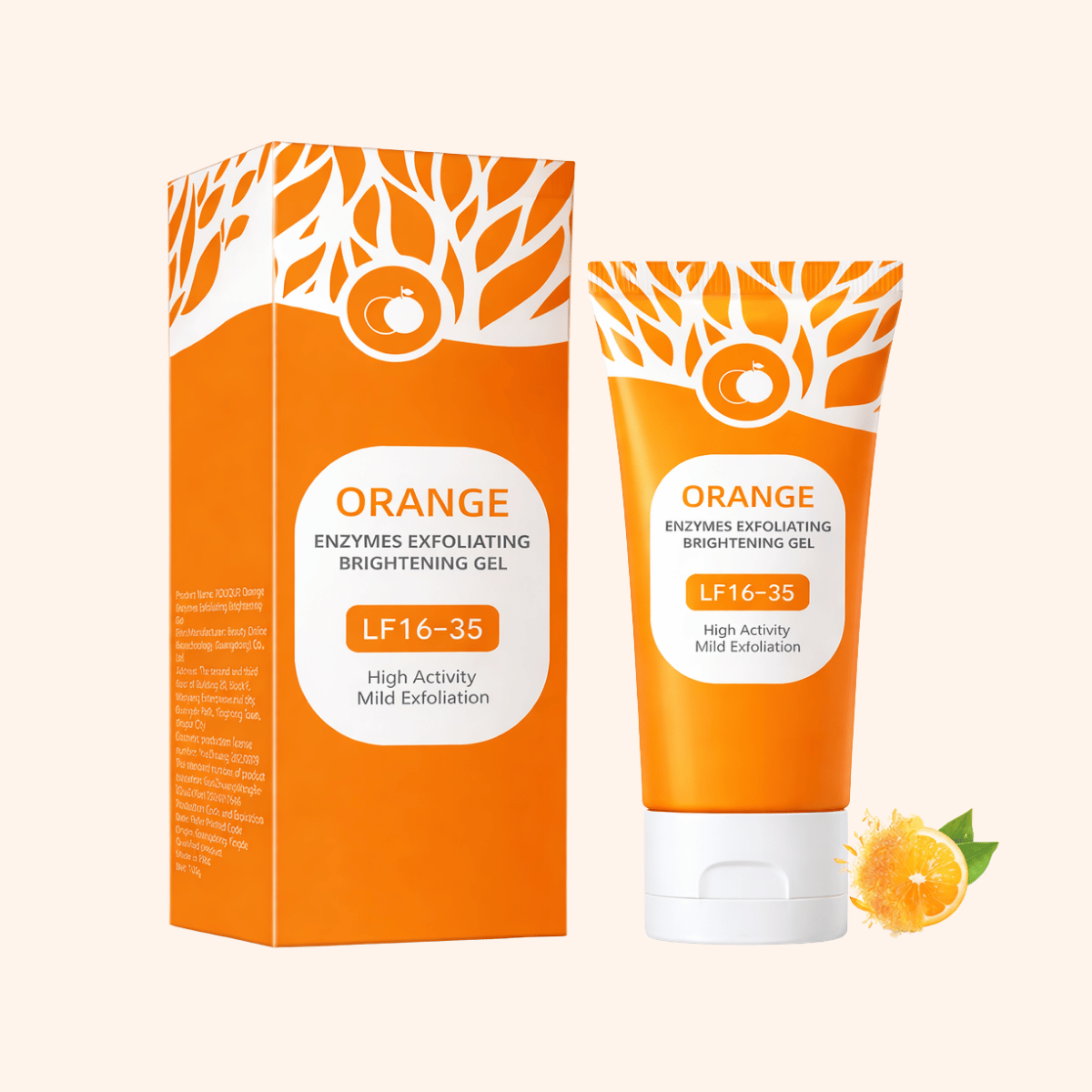 Orange exfoliating brightening gel with packaging on a white background