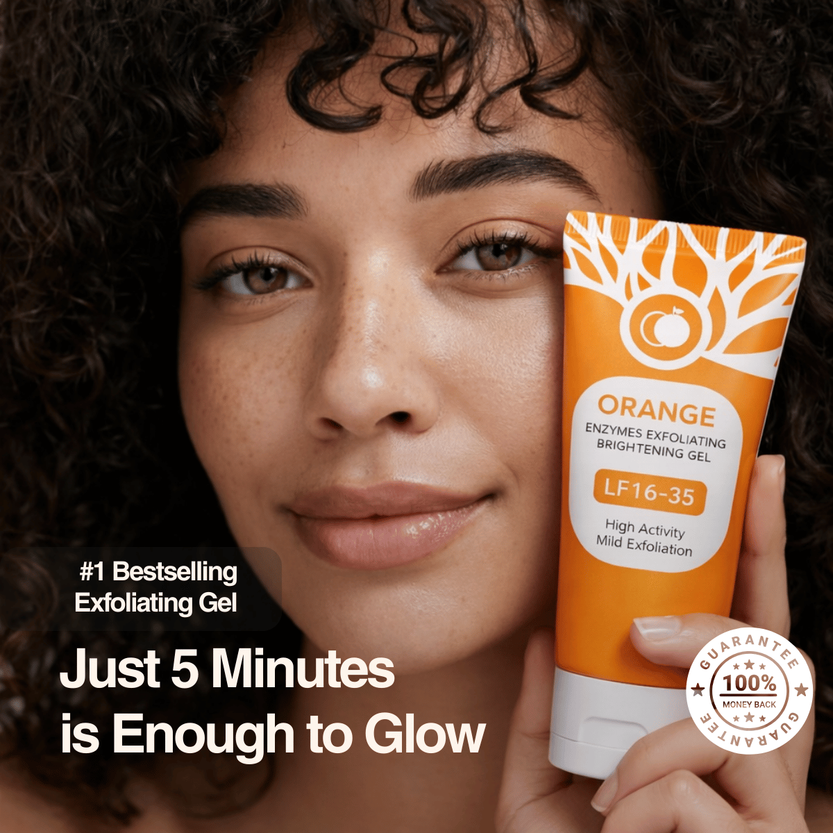Woman holding a tube of Orange Enzymes Exfoliating Brightening Gel with text about product benefits.