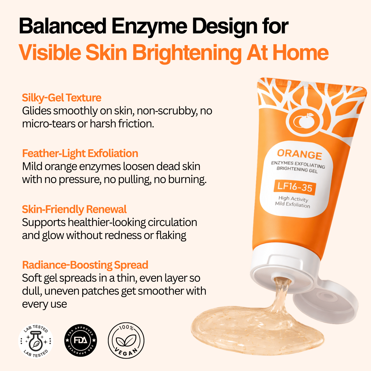 Orange skincare product tube with text on a white background