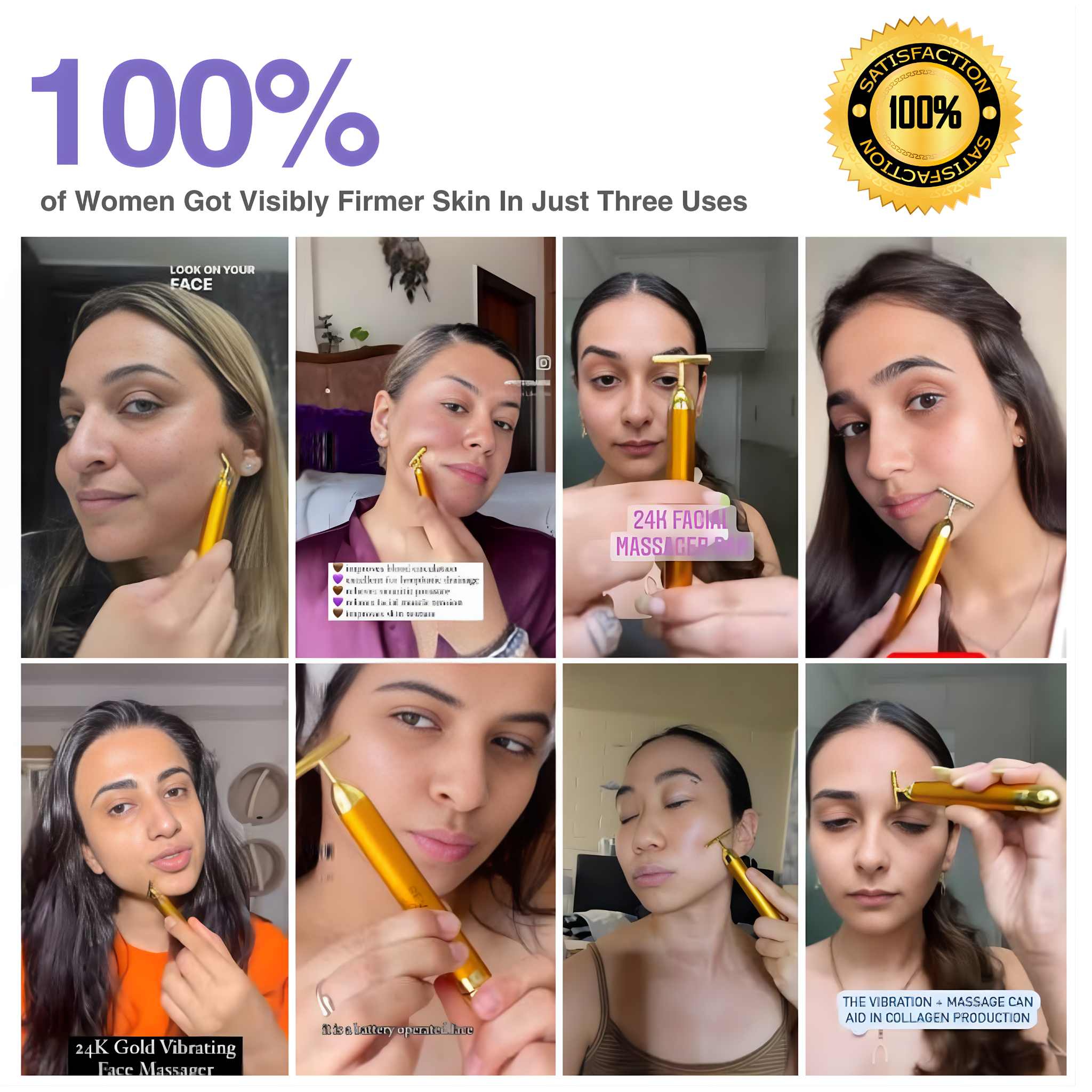 Collage of a woman using a 24K Gold Vibrating Face Massager with text claiming visible skin firming.