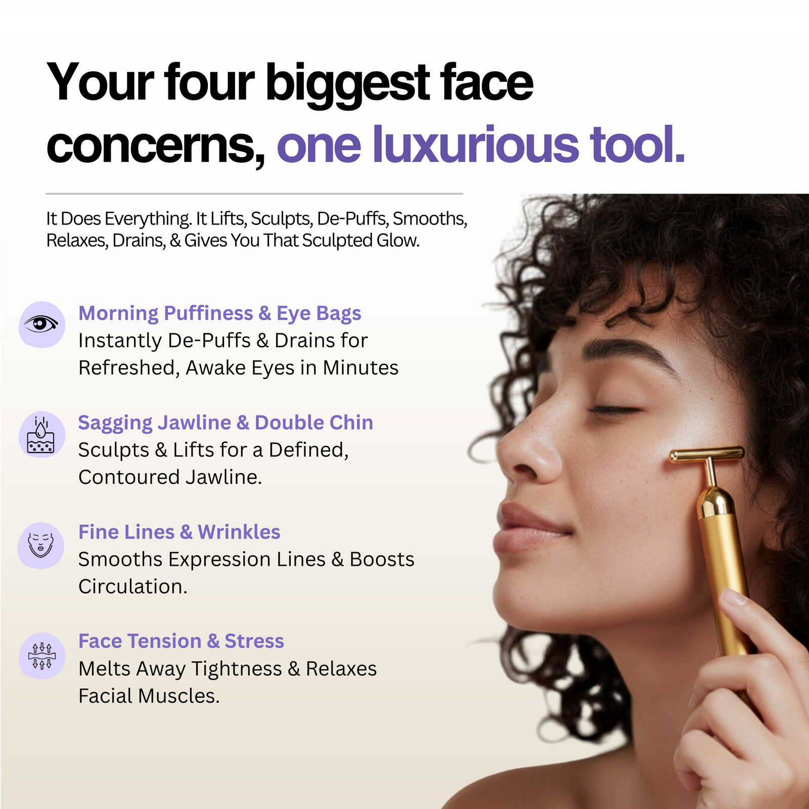 Woman using a gold facial tool with text about face concerns and solutions.