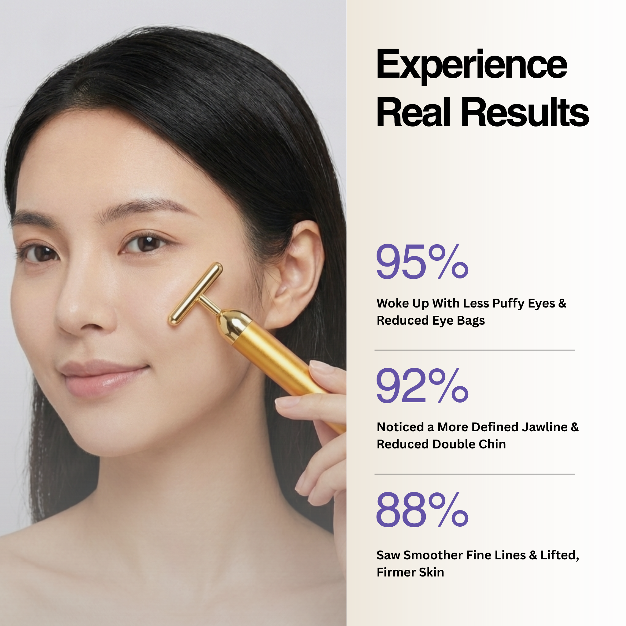 Woman using a gold facial roller with text on real results on the right.