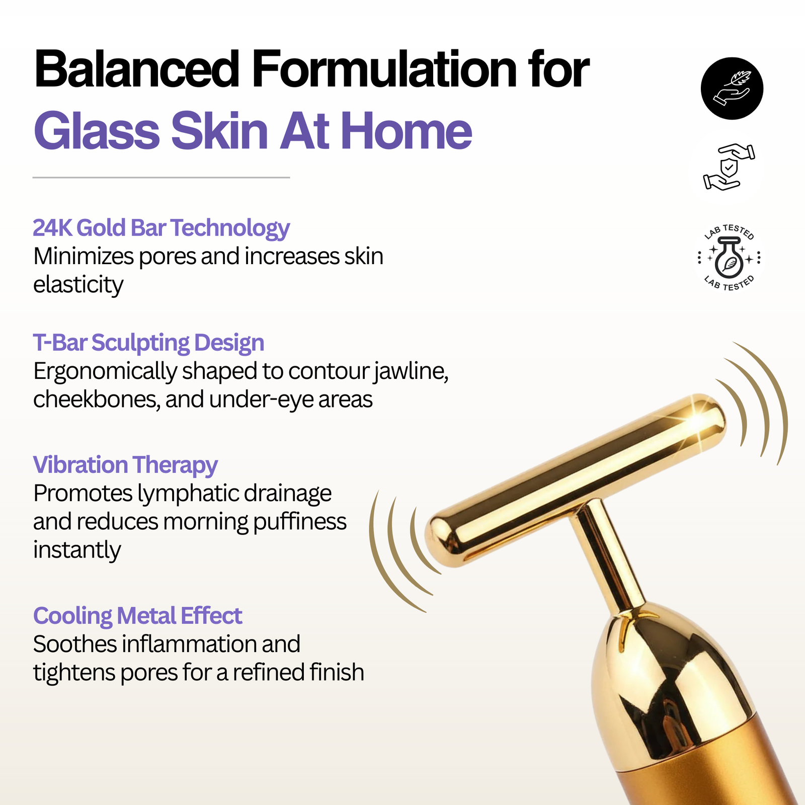 Gold facial roller with text on a white background about its features and benefits.