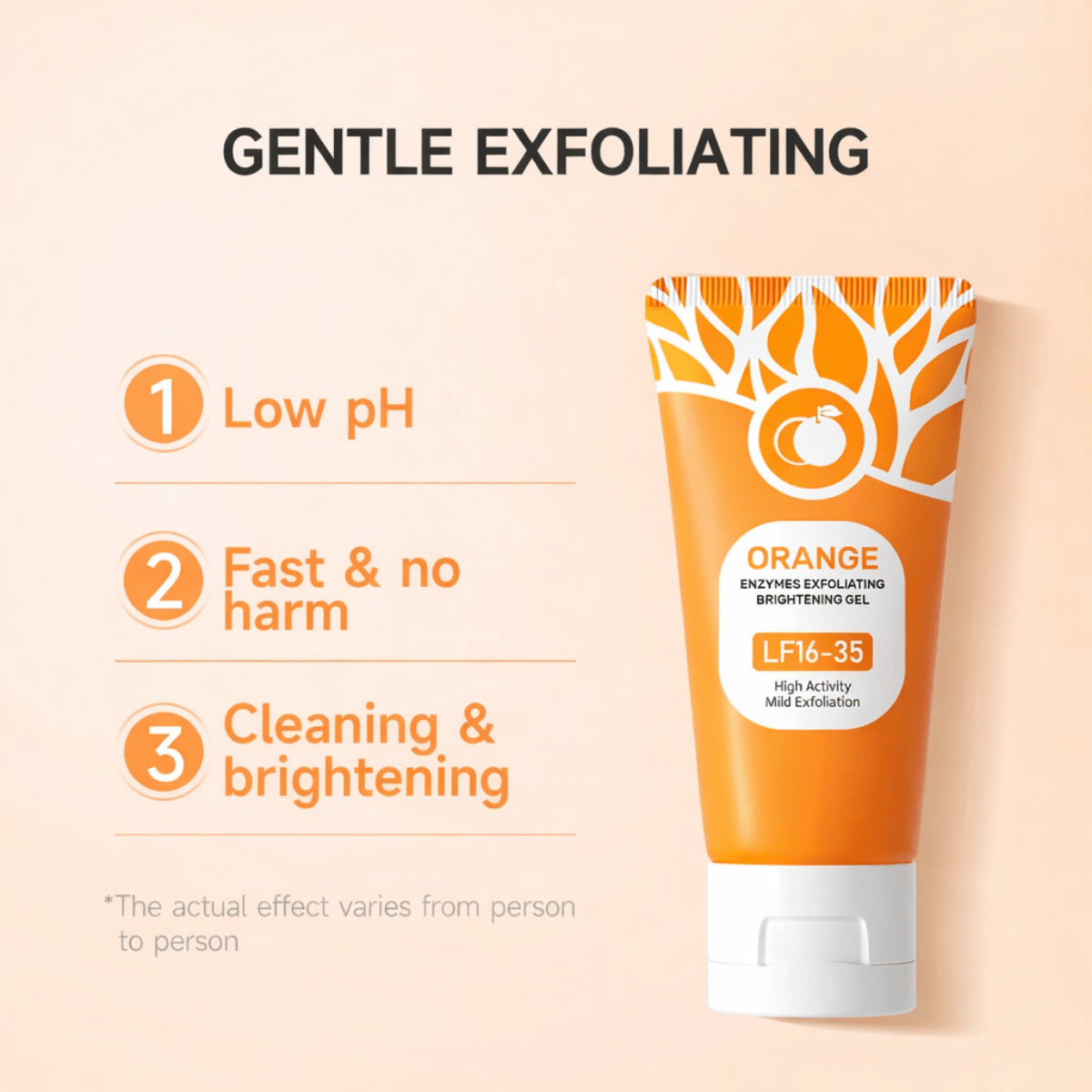 Orange exfoliating gel tube with text on a beige background