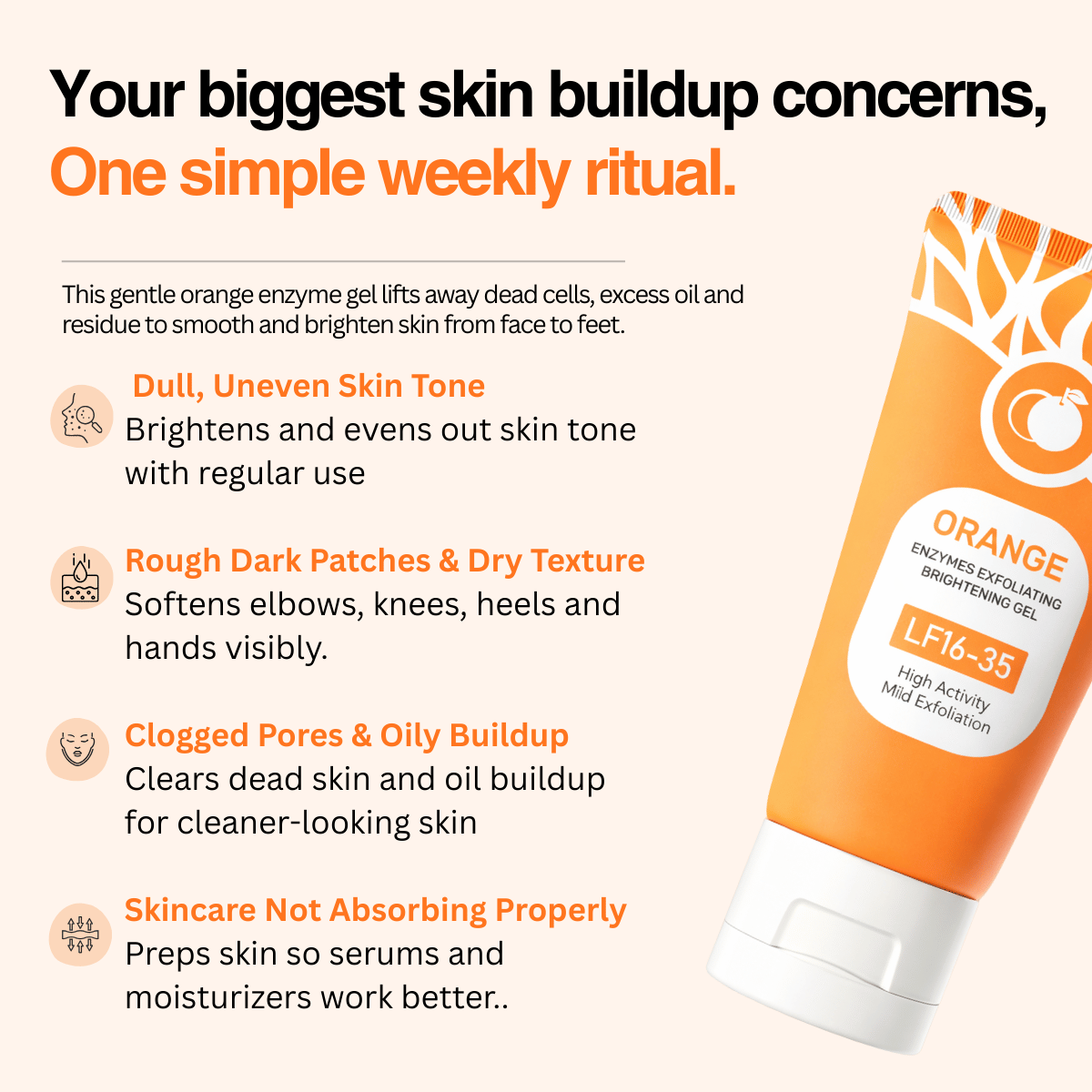 Orange enzyme exfoliating gel with text detailing skincare benefits on a beige background