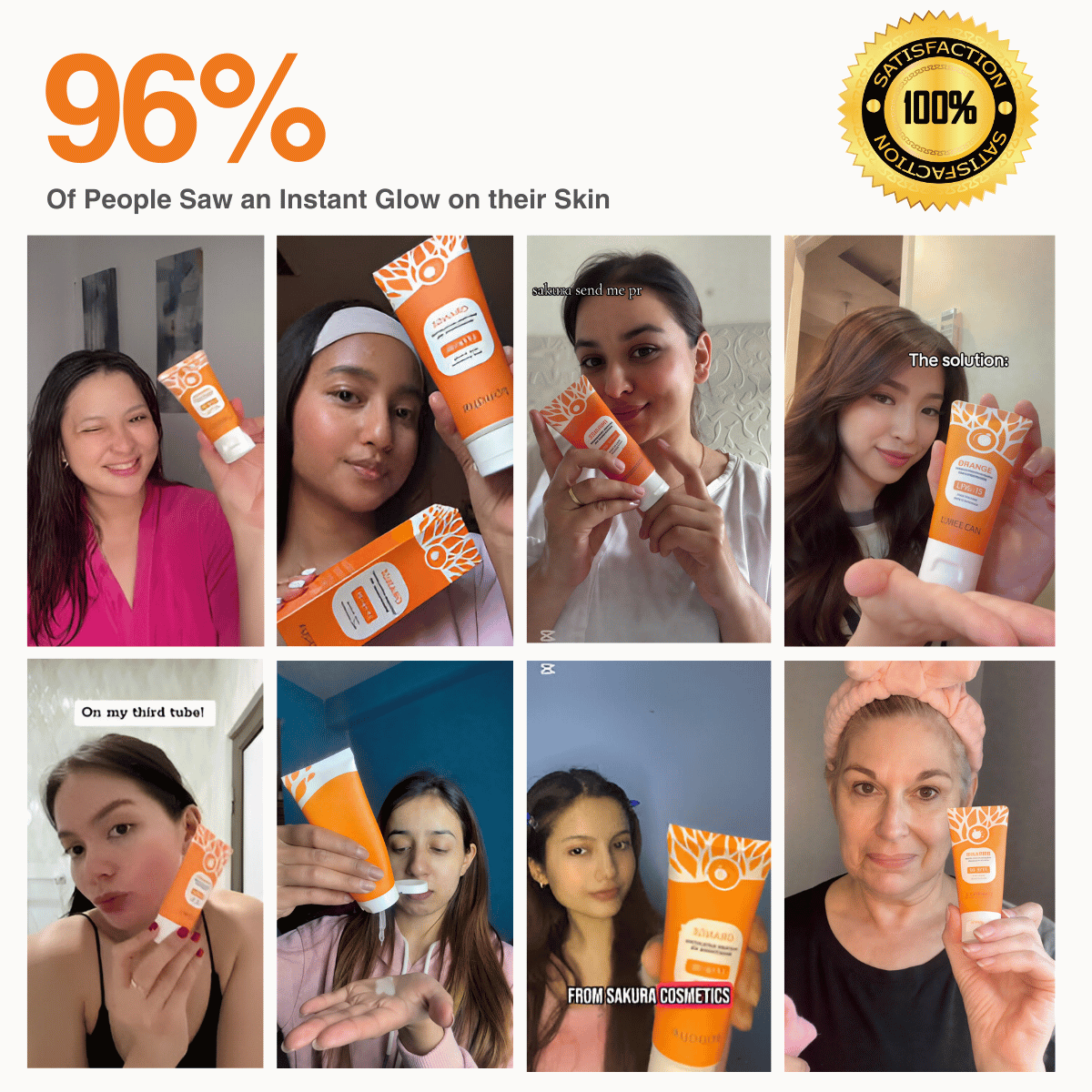 Collage of people holding and using a skincare product with positive feedback text.