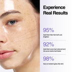 Woman's face with skin texture and text about skincare product results.