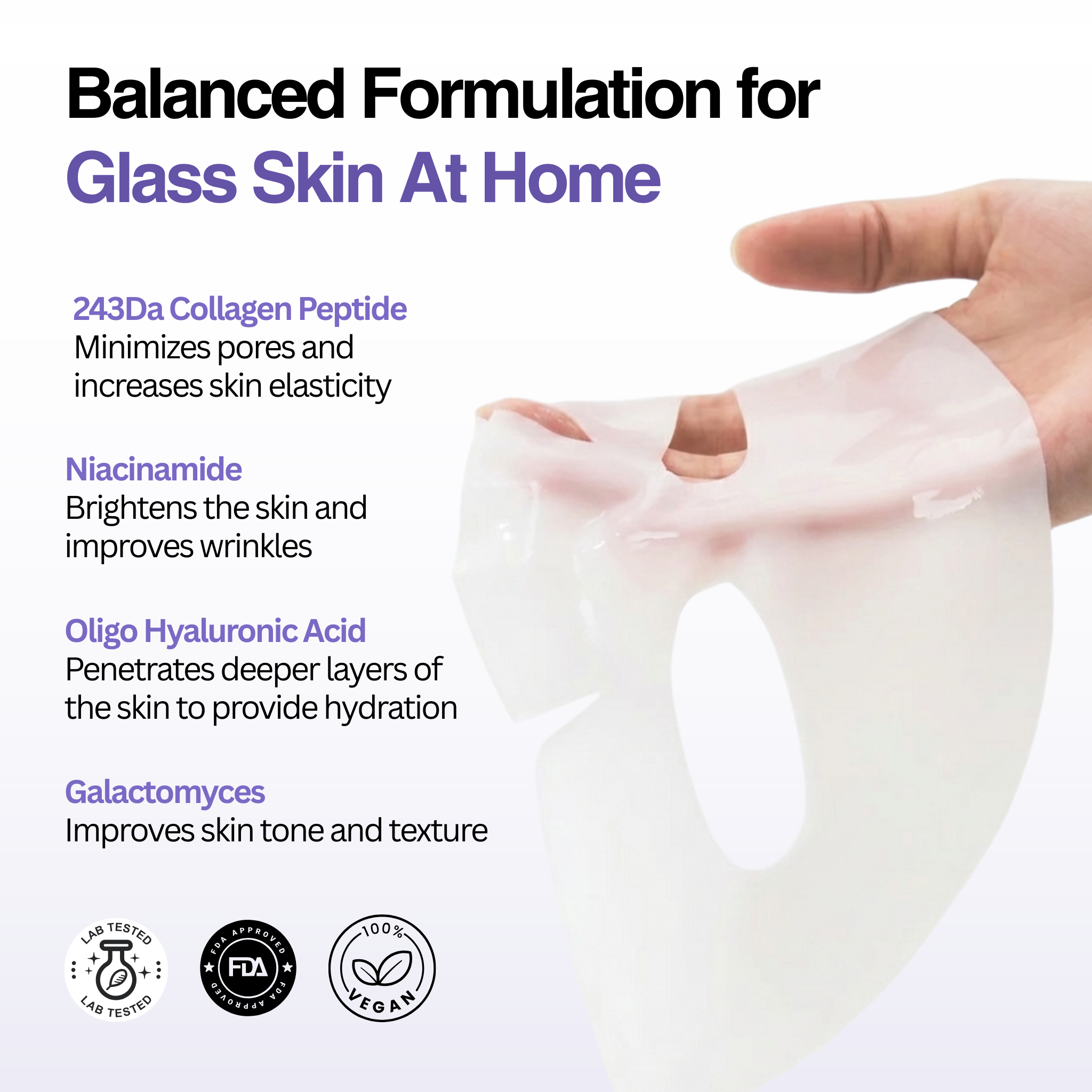 Skincare product with text detailing ingredients and benefits on a white background