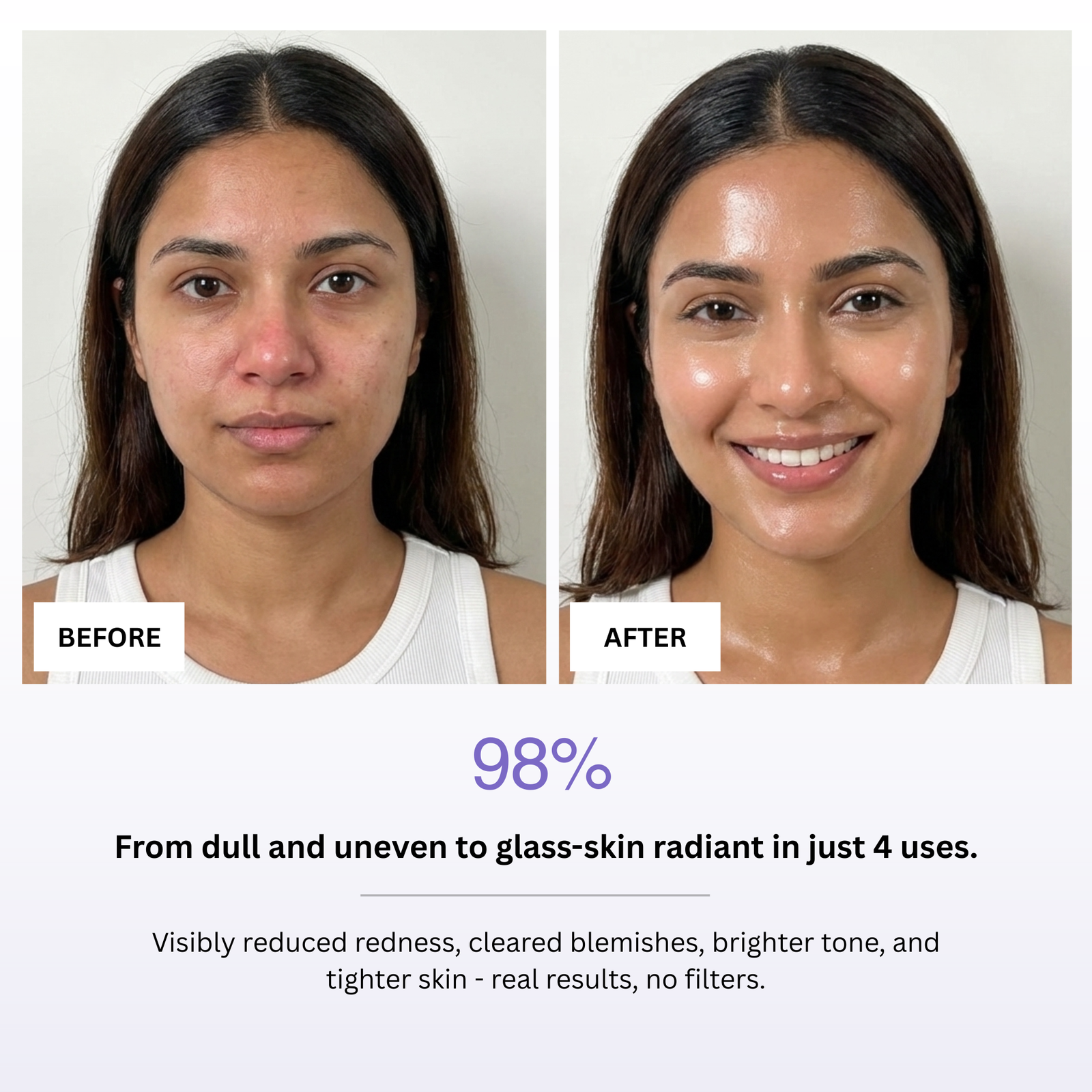 Before and after comparison of a woman's face with text indicating product effectiveness.