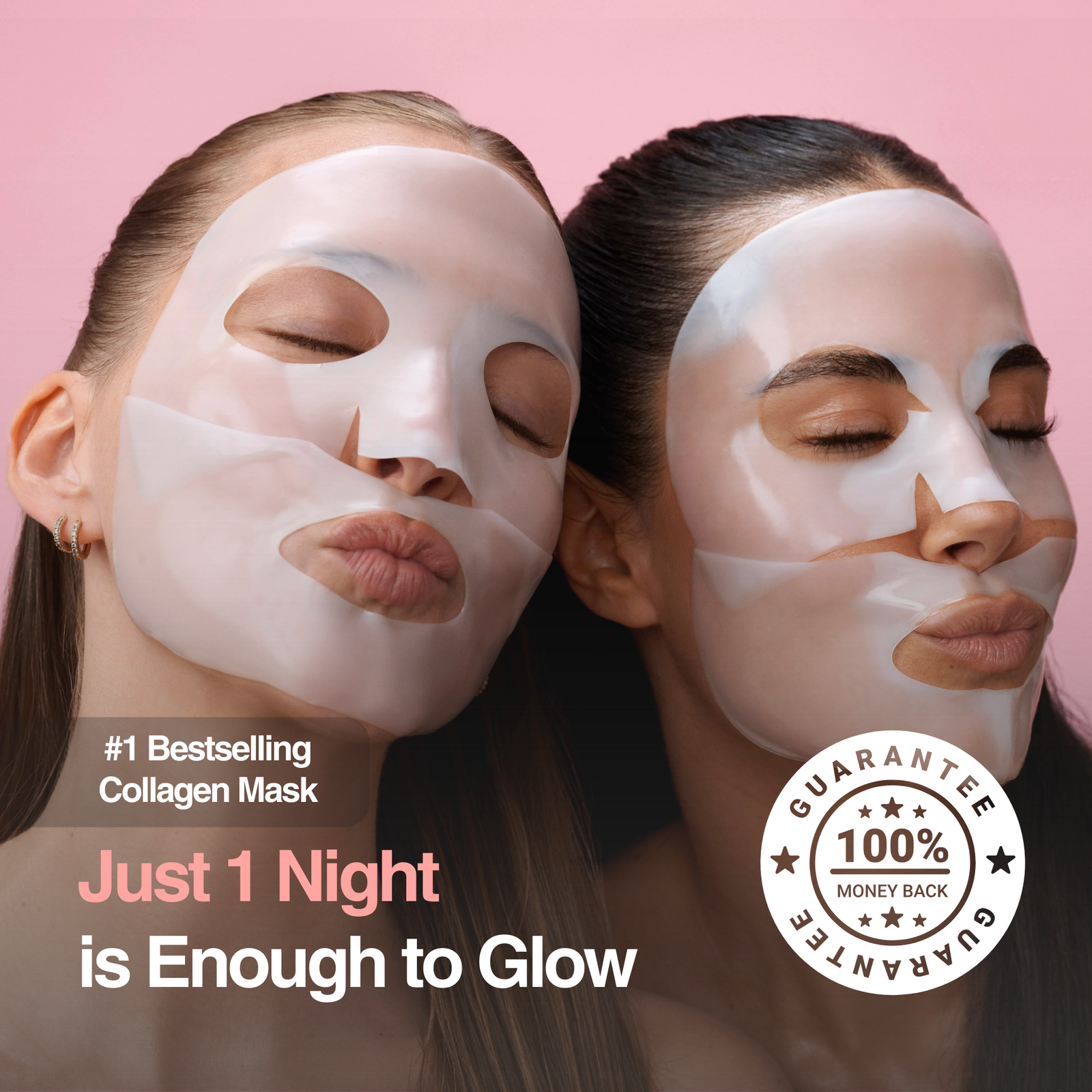 Two women wearing collagen face masks with promotional text on a pink background