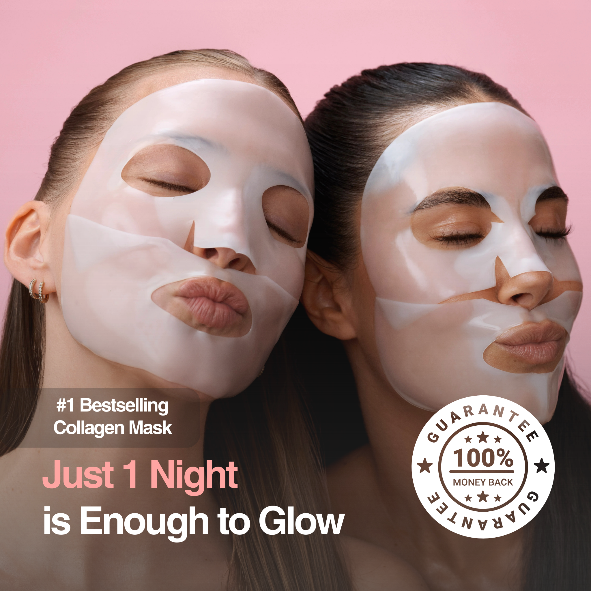 Two women wearing collagen face masks with promotional text on a pink background