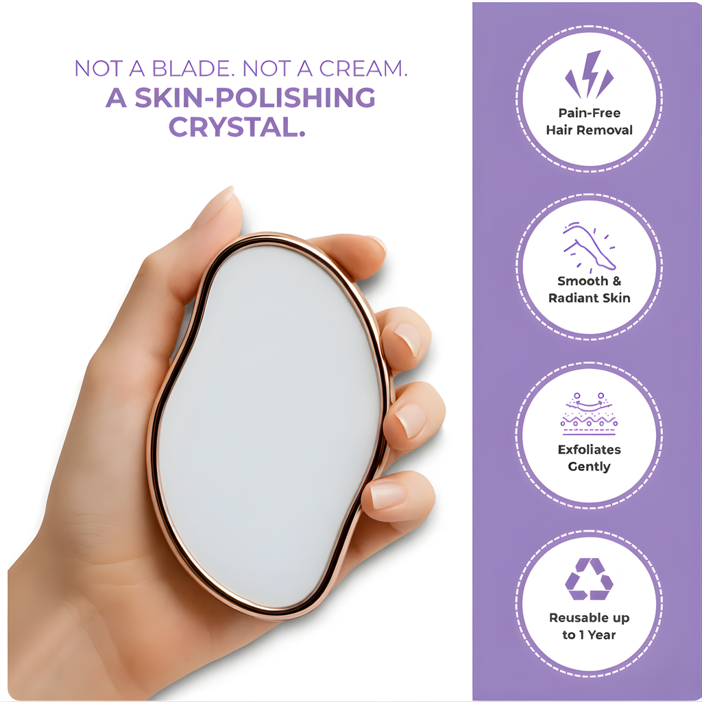 Hand holding a skin-polishing crystal device with features listed on a purple background