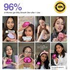 Collage of people using a pink device with text about skin smoothness and satisfaction.