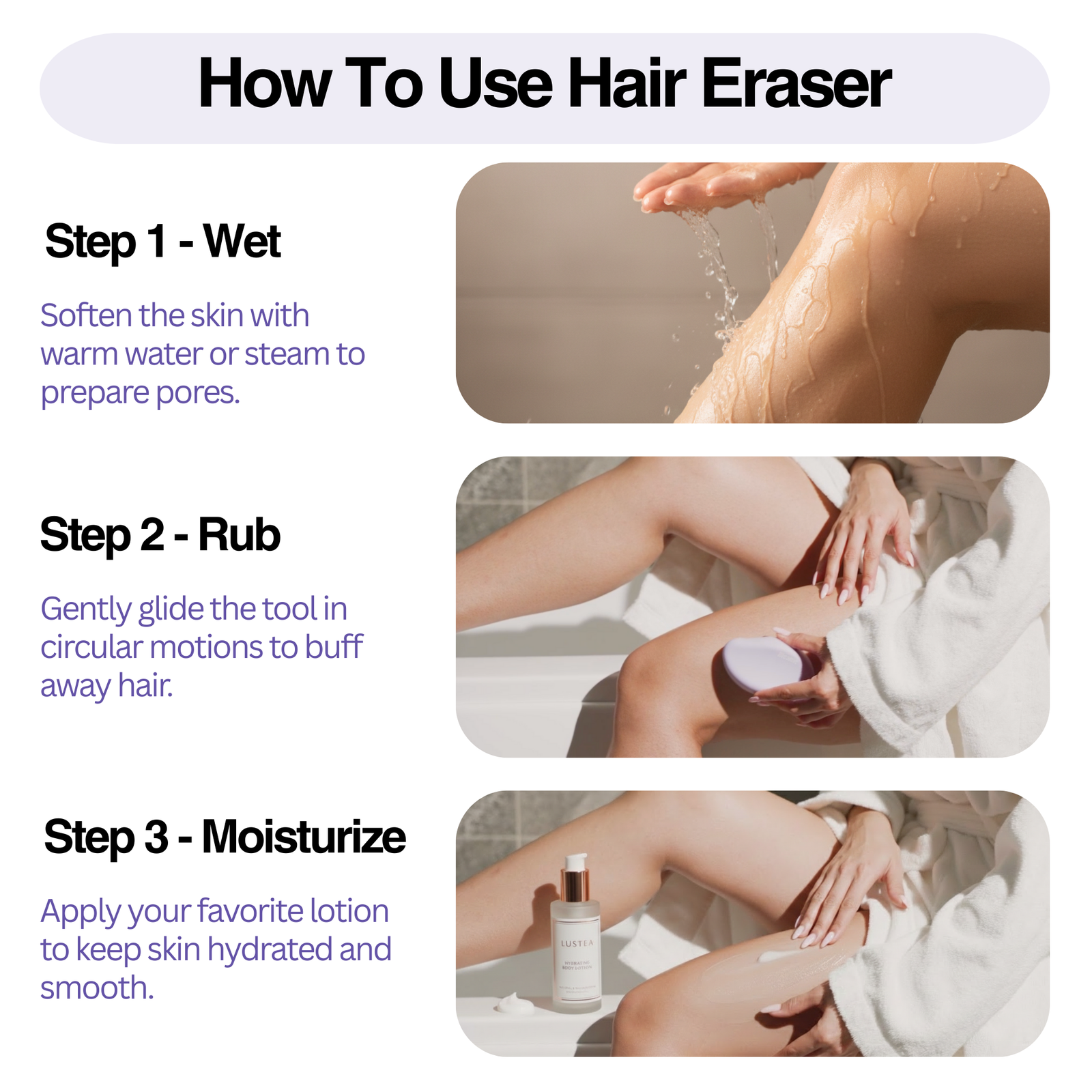 Instructions on how to use a hair eraser product with step-by-step images and text.