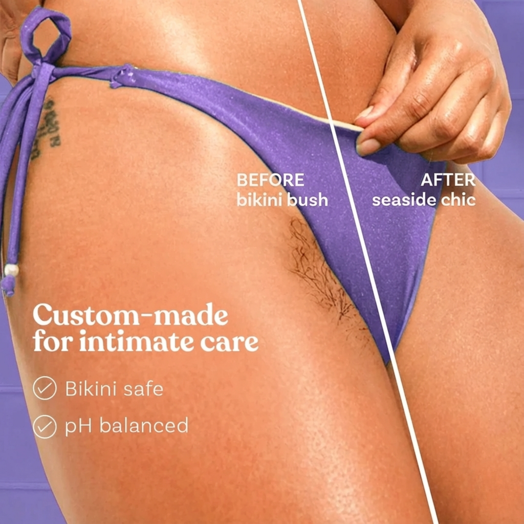 Before and after comparison of bikini area with text about product features.