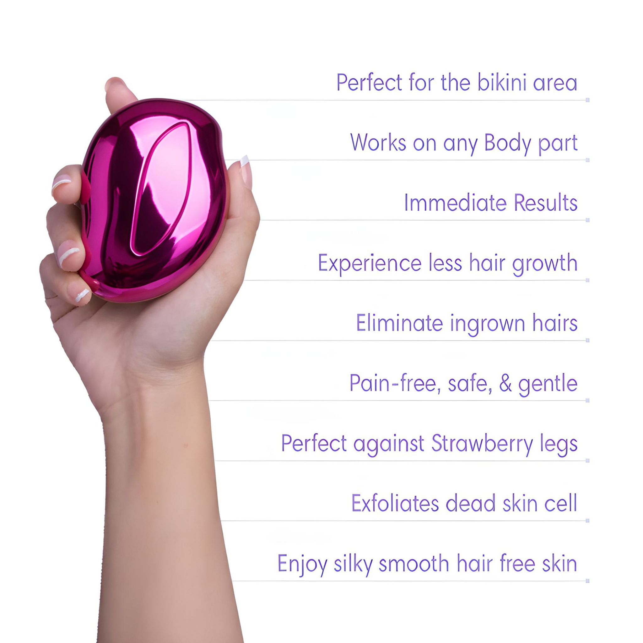 Hand holding a pink hair removal device with text highlighting its features on a white background