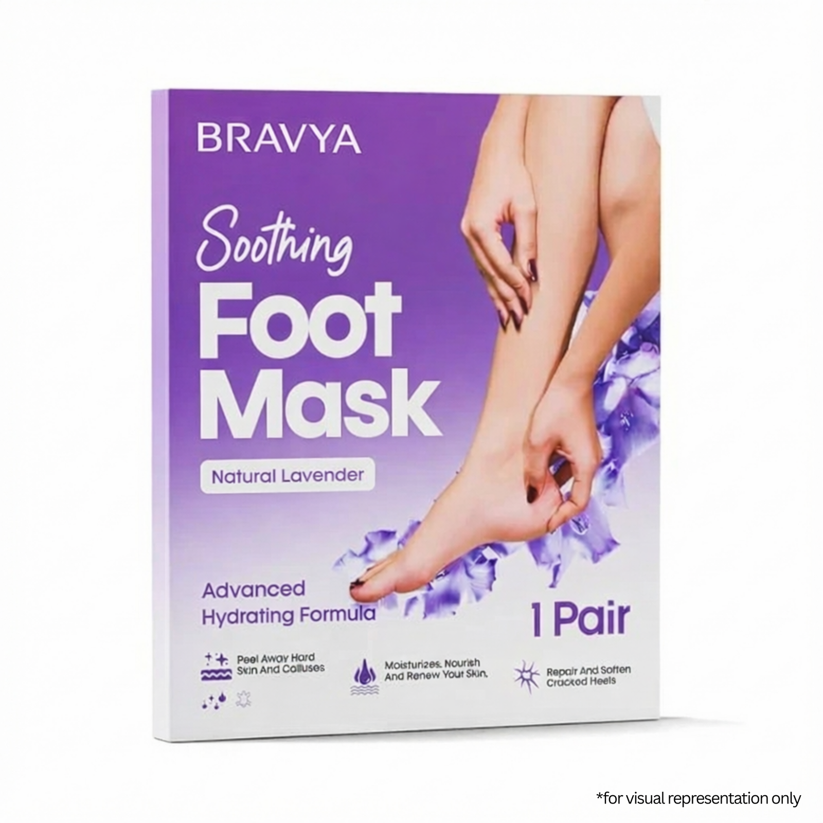 Bravya Soothing Foot Mask packaging with a purple background and images of feet.