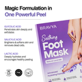 Bravya Soothing Foot Mask packaging with text about acid ingredients and benefits.
