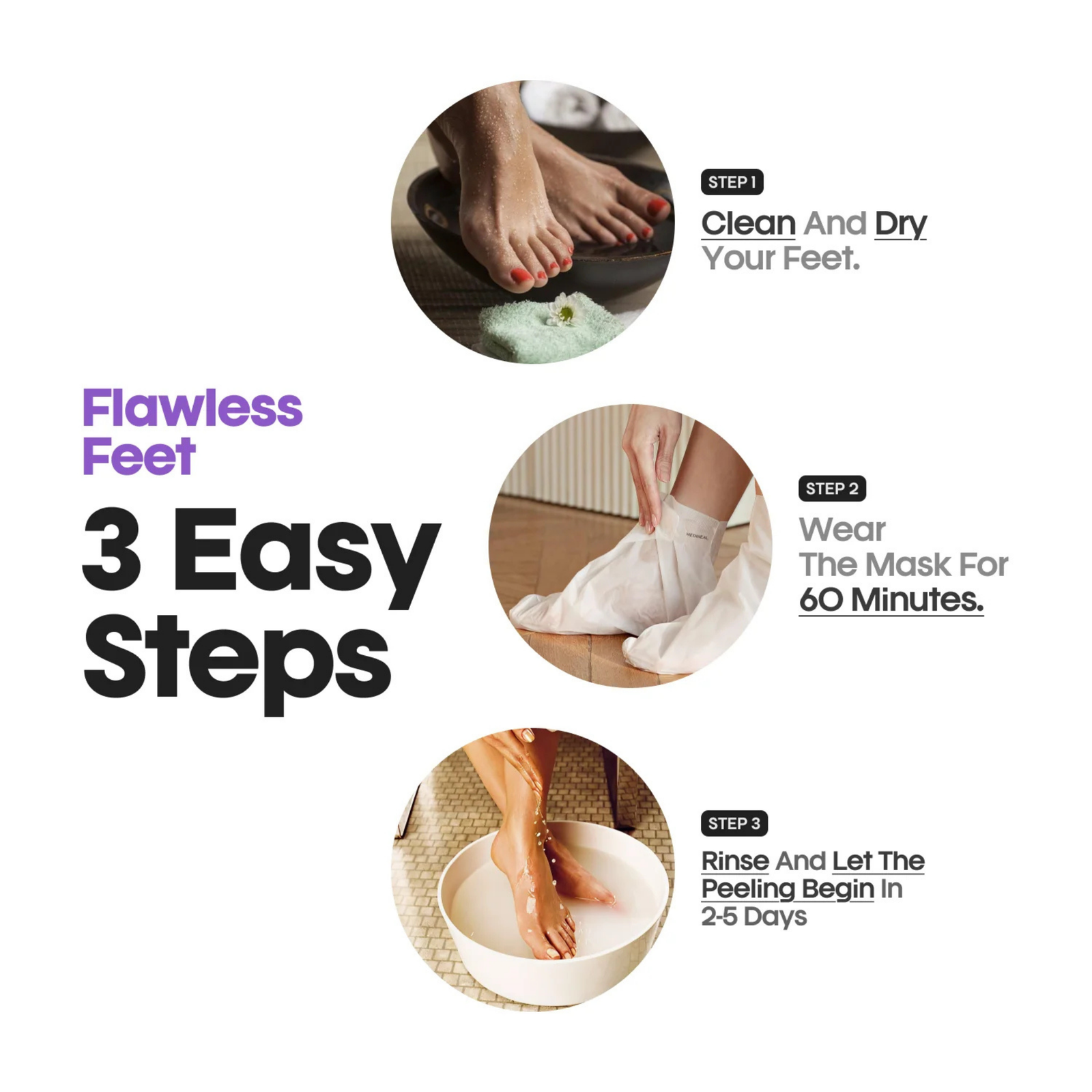 Instructions for a foot care mask with three easy steps on a white background.