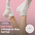 Person wearing foot peeling masks with promotional text on a pink background