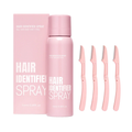 Pink 'Hair Identifier Spray' with packaging and applicators on a white background