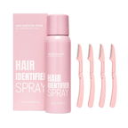 Pink 'Hair Identifier Spray' with packaging and applicators on a white background