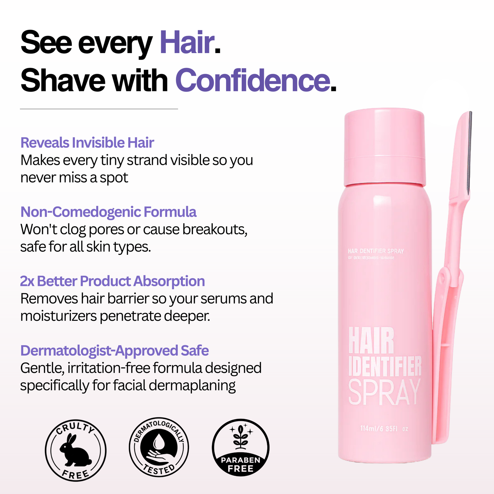 Pink hair identifier spray bottle with a razor on a white background, featuring product details and safety certifications.