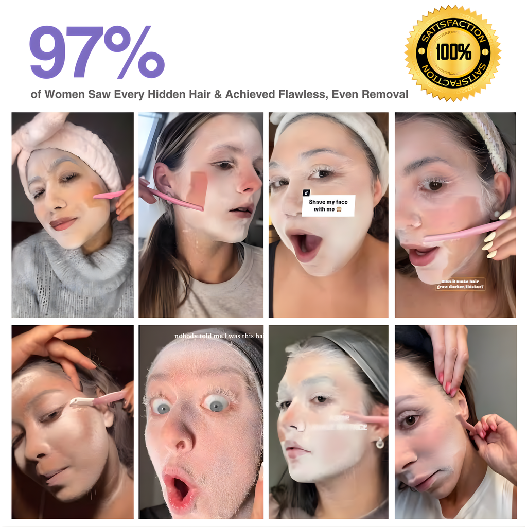 Collage of women using a hair removal product with text indicating success rate.