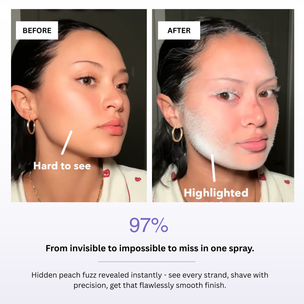 Before and after comparison of a woman's face with text highlighting the product's effectiveness.