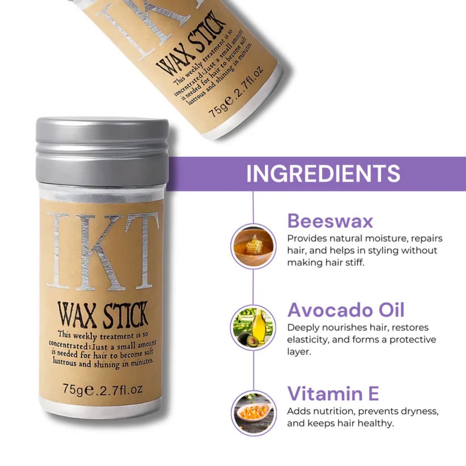 IKT Wax Stick with ingredients listed on a white background
