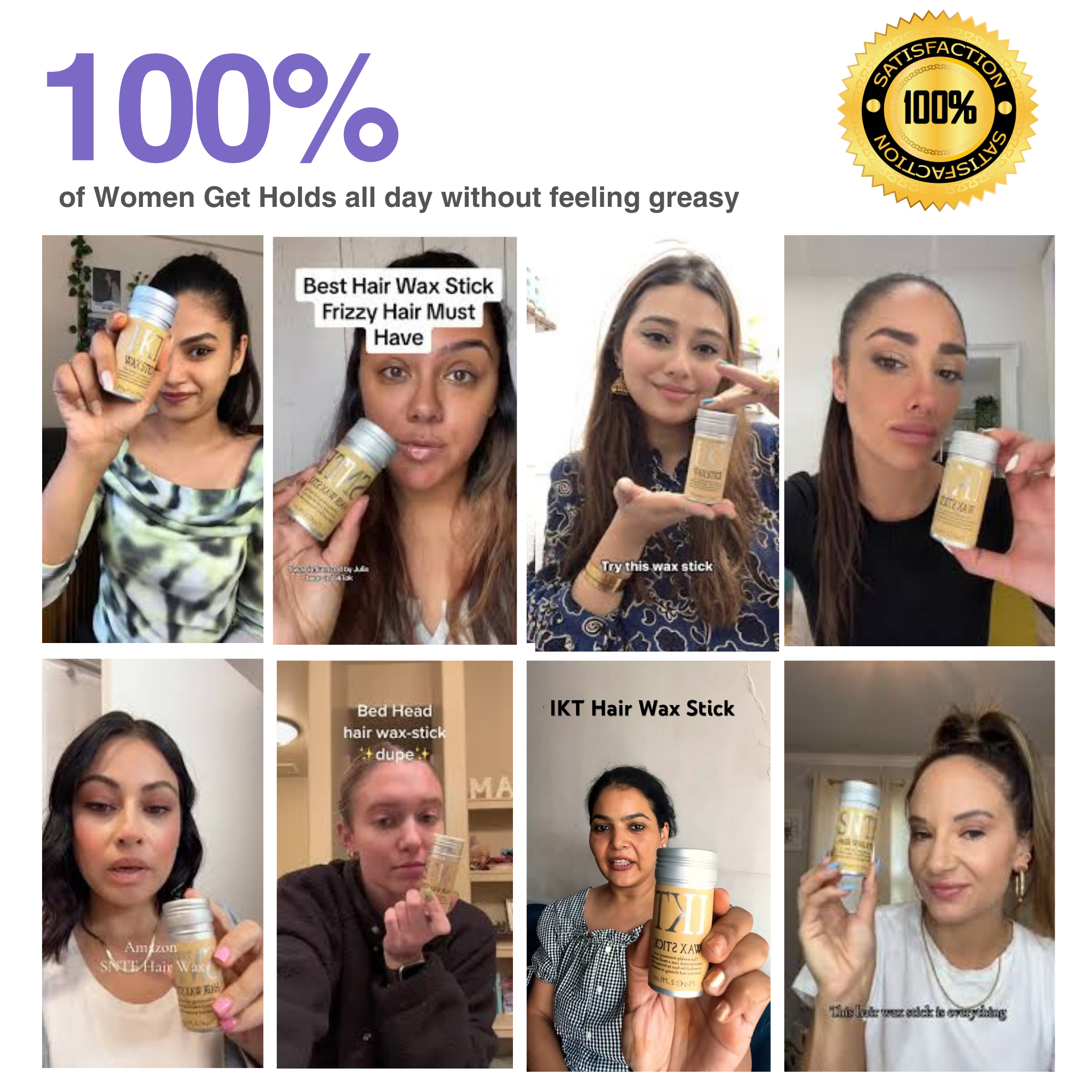 Collage of women holding a hair wax stick with product display and satisfaction badge.