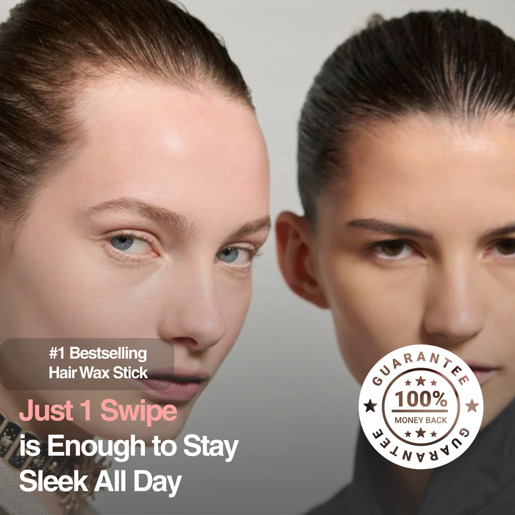 Two women with styled hair, promotional text for a hair wax stick, and a guarantee badge.