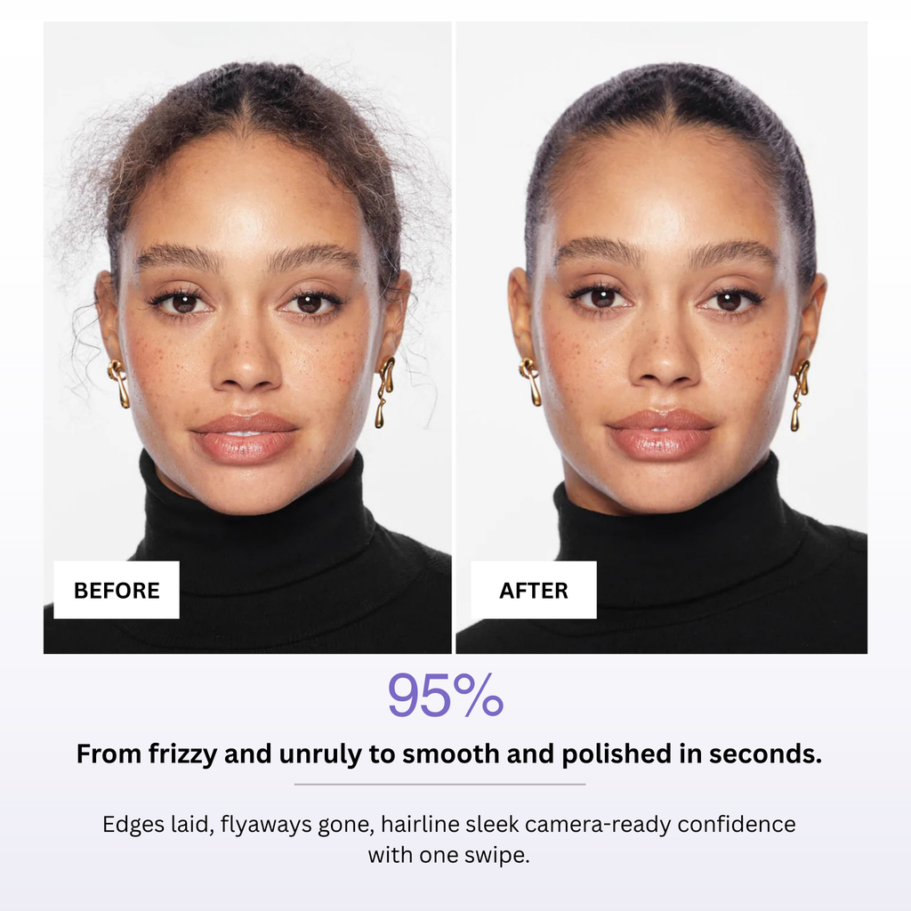 Before and after comparison of a woman's hair with text indicating smooth and polished hair.