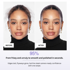 Before and after comparison of a woman's hair with text indicating smooth and polished hair.