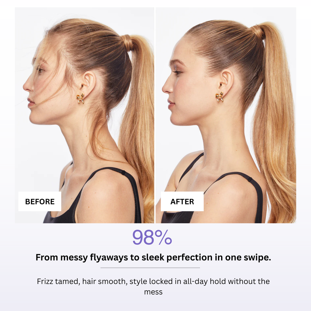 Before and after comparison of a woman's hair styled in a ponytail with text highlighting product effectiveness.