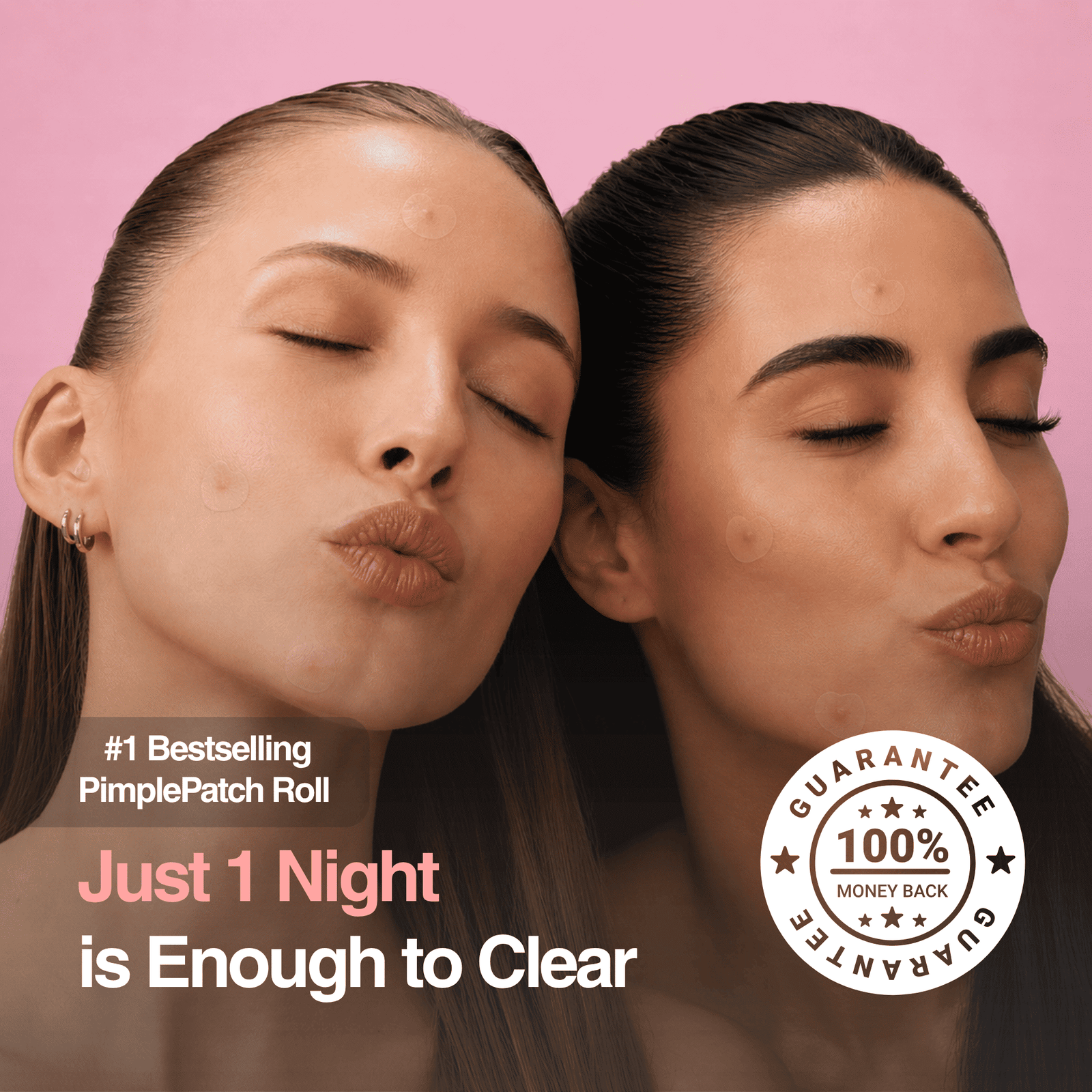 Two women with closed eyes against a pink background, promoting a pimple patch roll with text and guarantee badge.
