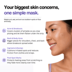 Product advertisement for a face mask with text about skin concerns and a woman's face.