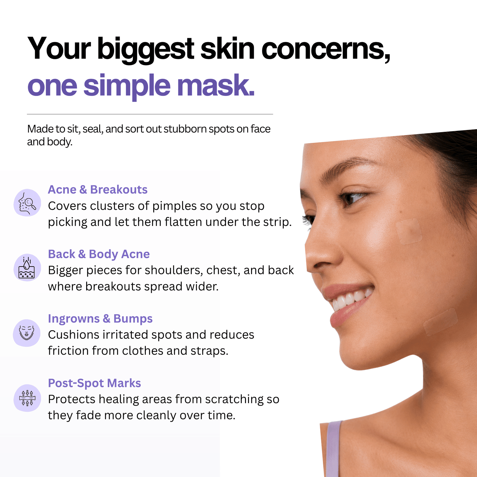 Product advertisement for a face mask with text about skin concerns and a woman's face.