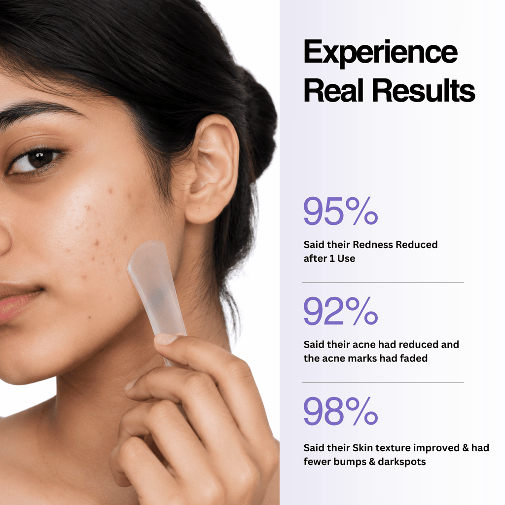 Woman using a skincare product with text on real results on the right
