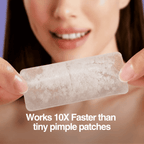 Person holding a pimple patch with text claiming effectiveness