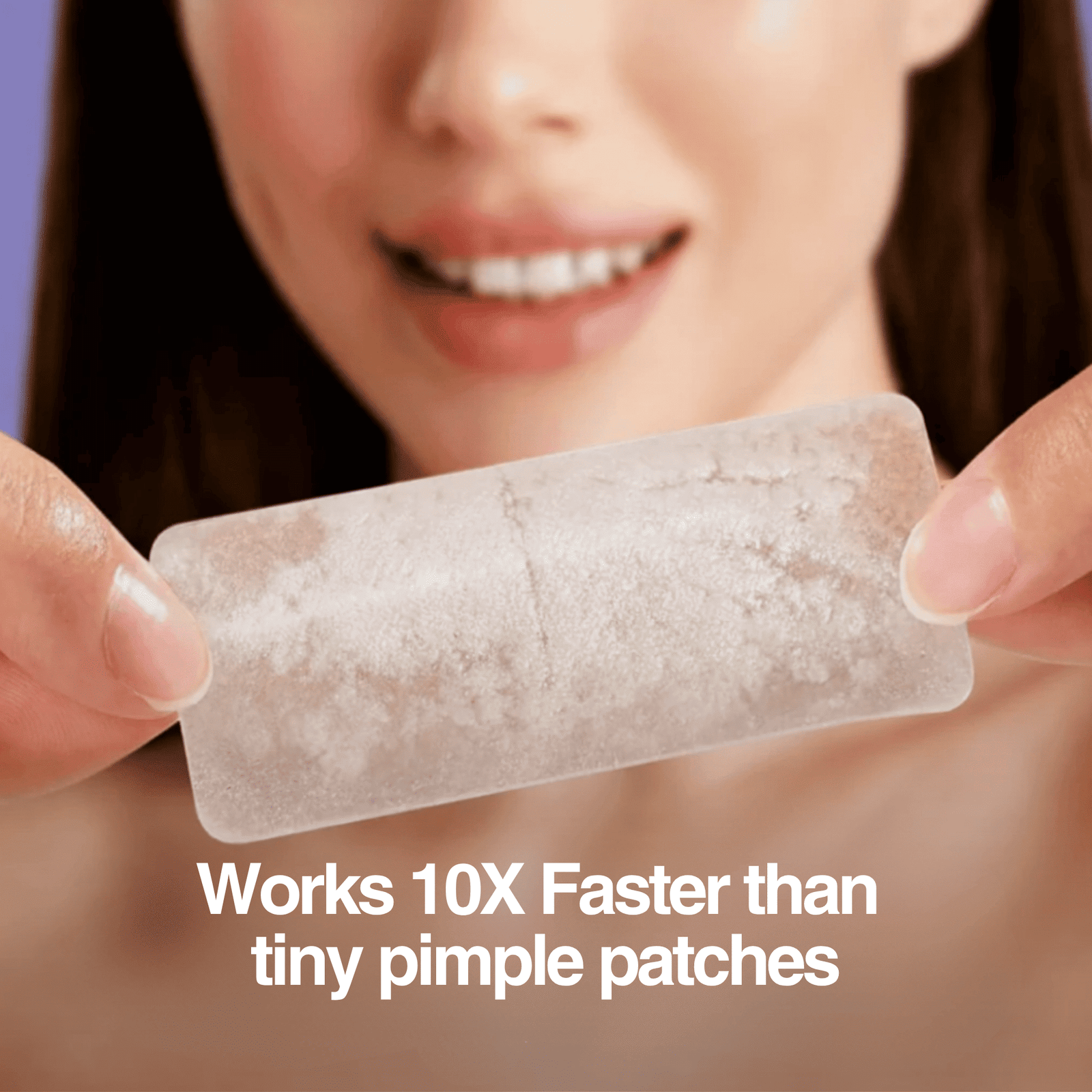 Person holding a pimple patch with text claiming effectiveness