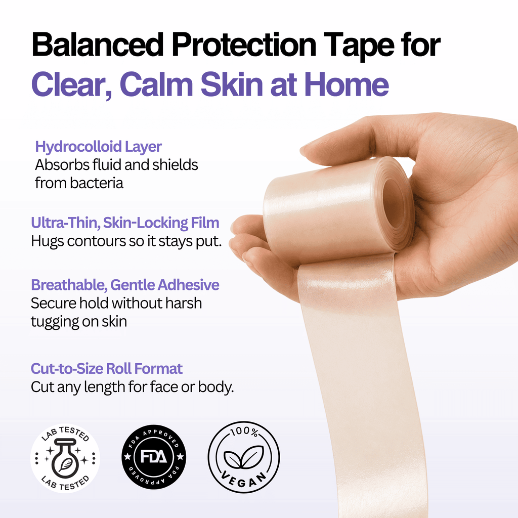 Balanced Protection Tape being held by a hand with product features listed on a white background.