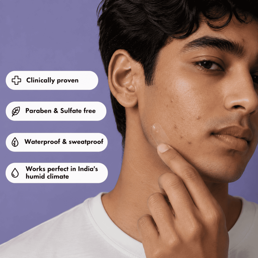 Man with acne on his face against a purple background with product features listed.