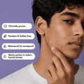 Man with acne on his face against a purple background with product features listed.