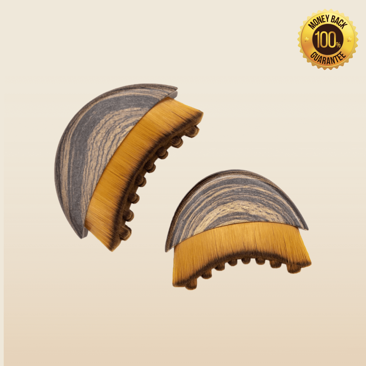 Two wooden hairbrushes with a 'Money Back Guarantee' badge on a beige background