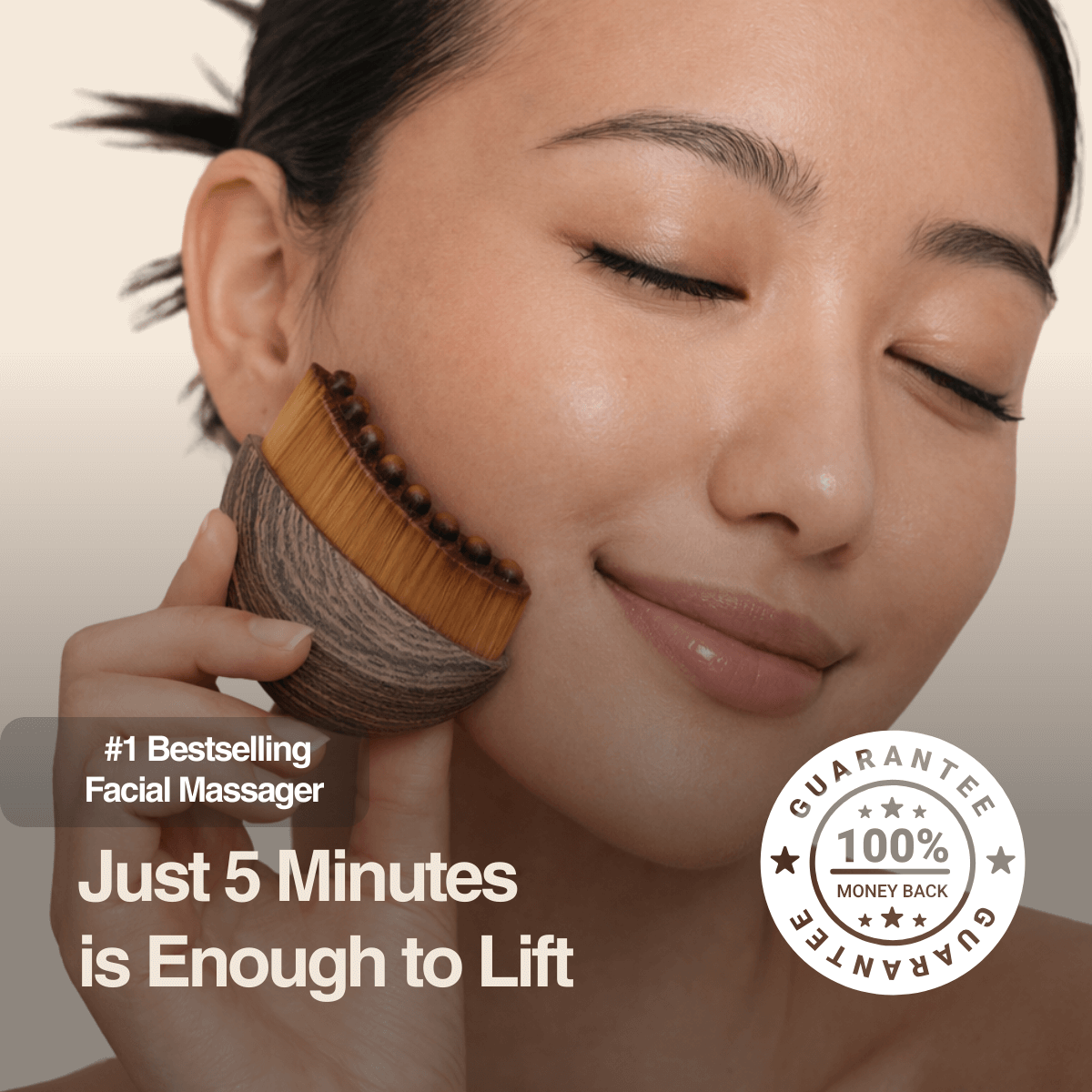 Woman using a wooden facial massager with text about its benefits and guarantees.