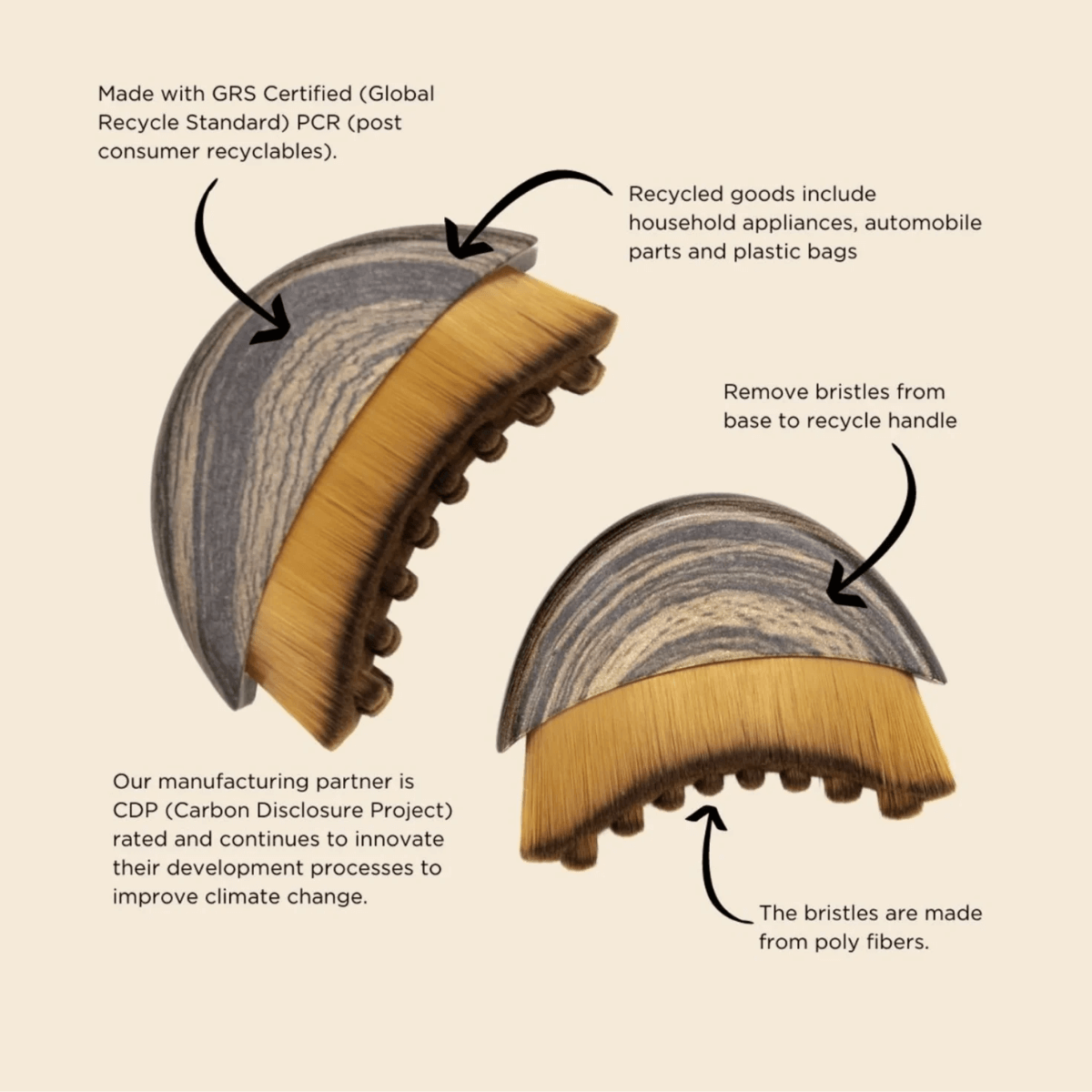 Illustration of a brush with text explaining its manufacturing process and materials.