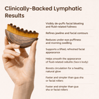 Wooden facial tool held by a hand with text about lymphatic results.