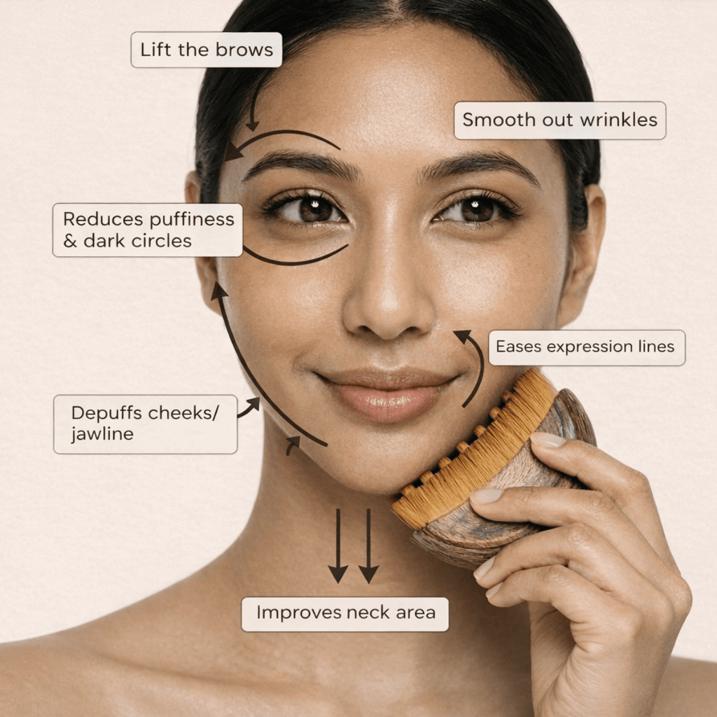 Woman using a brush on her face with text indicating the product's benefits.