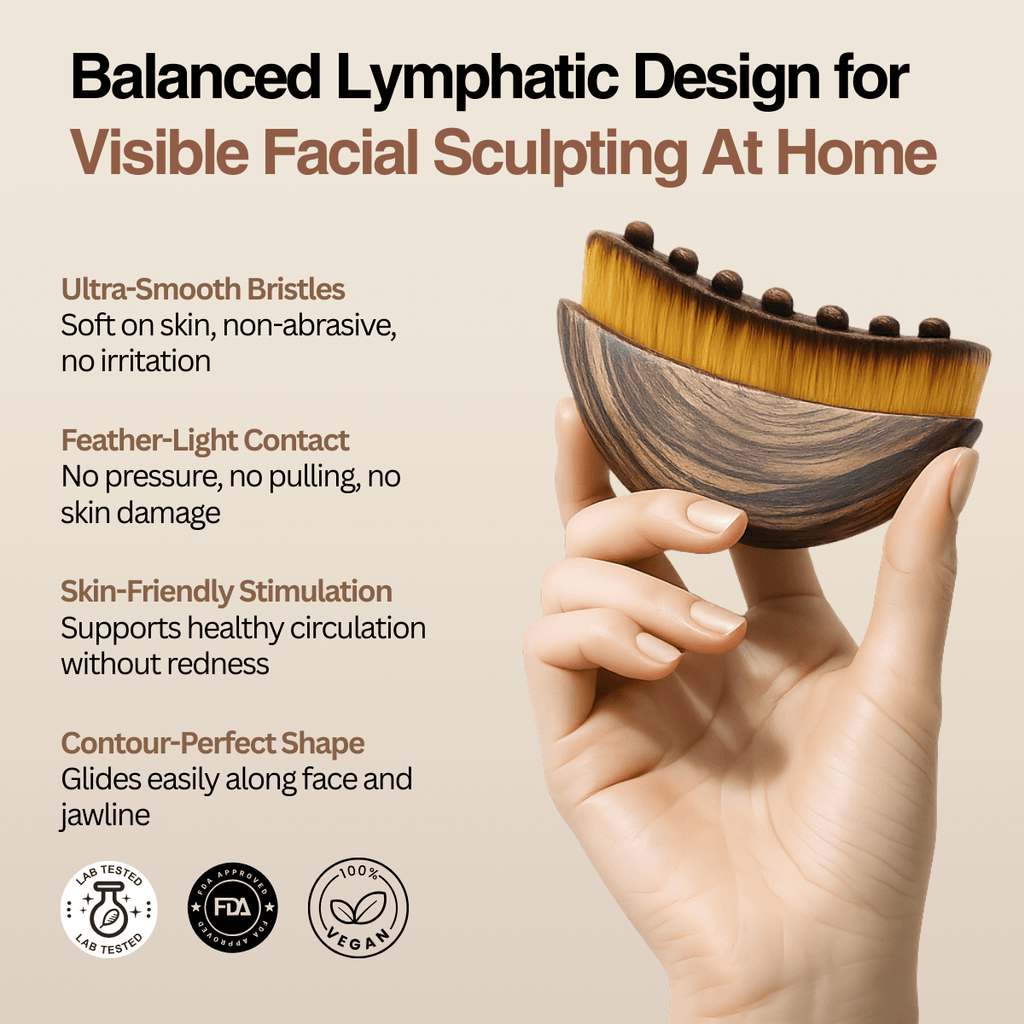 Hand holding a wooden facial brush with text about its benefits on a beige background
